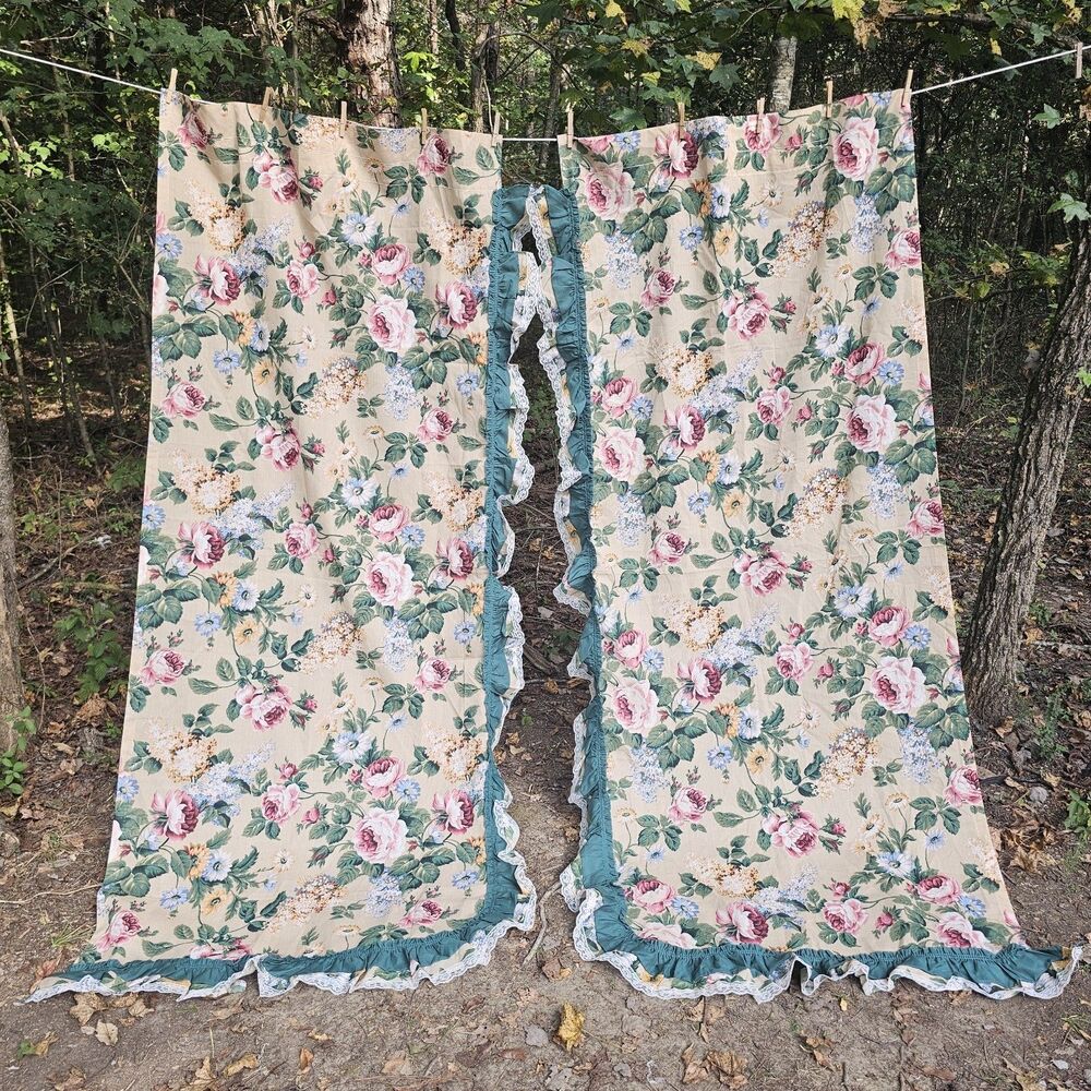 Vintage Cottagecore Rose Floral Curtain Panels, Teal Ruffles & Lace 86" Long